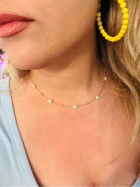 Delicate Gold Pearl Station Necklace - White Pearls